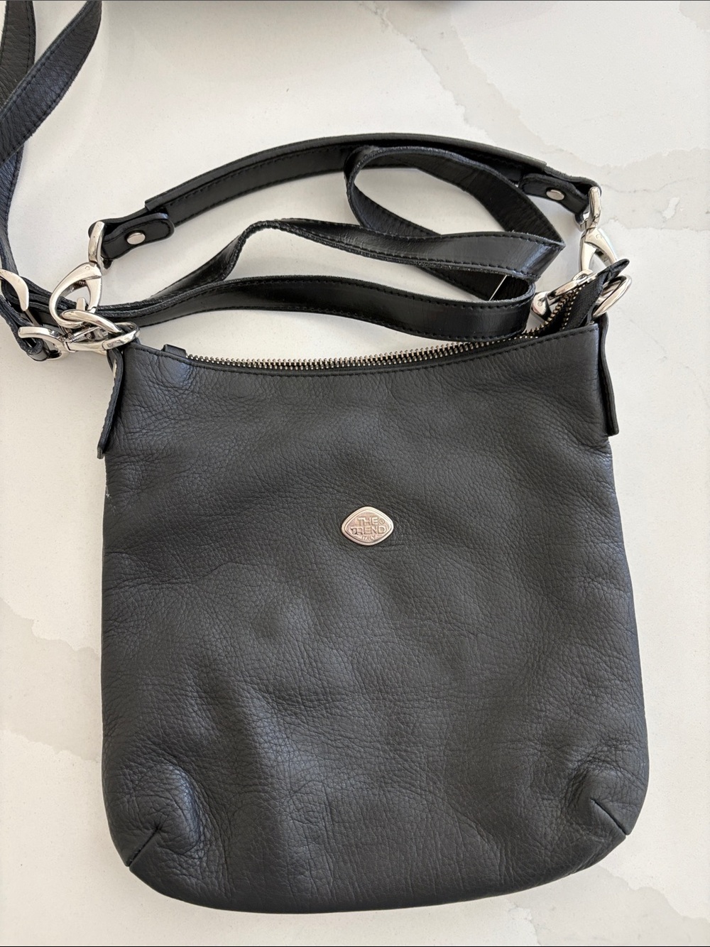 Black Leather Crossbody with Silver-Tone Accent